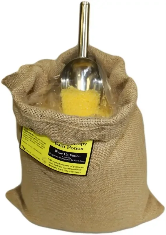 Brown hessian sack labeled Wake Up Potion.