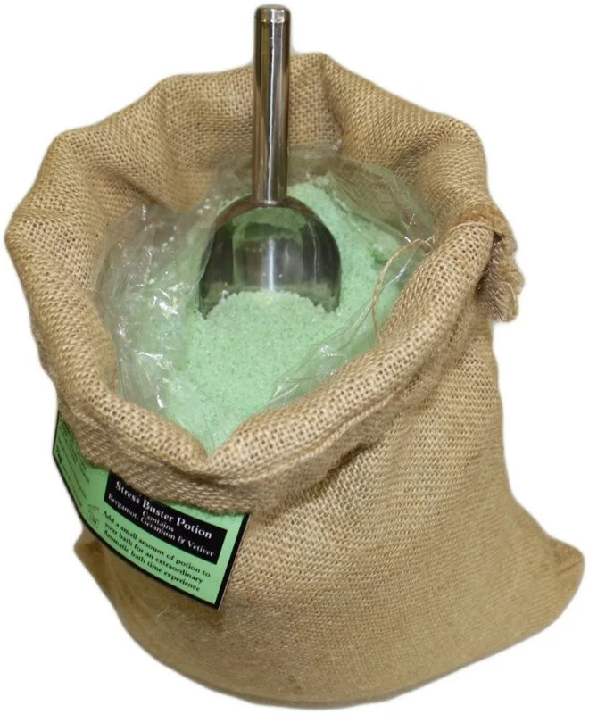 Empty hessian sack labeled Stress Buster Potion 7kg, forming a hessian sack stress toy for quick relief.