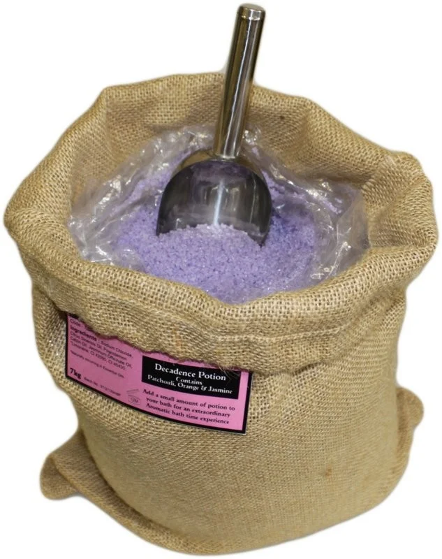 Hessian sack labeled Decadence Potion, marked 7kg potion, standing on wooden shelf