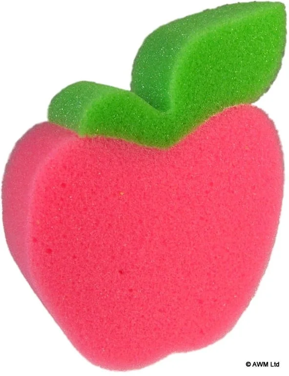 Red apple sponge with cartoon apple design in bright red