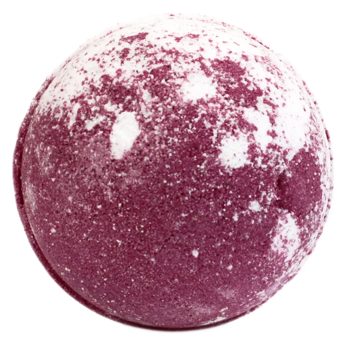 Red and white strawberry pavlova bath bomb with pink‑white swirl, showing its smooth glazed surface