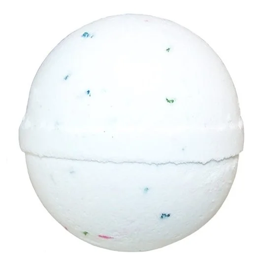 White bath bomb in multicoloured packaging, colourful sparkles on its surface.