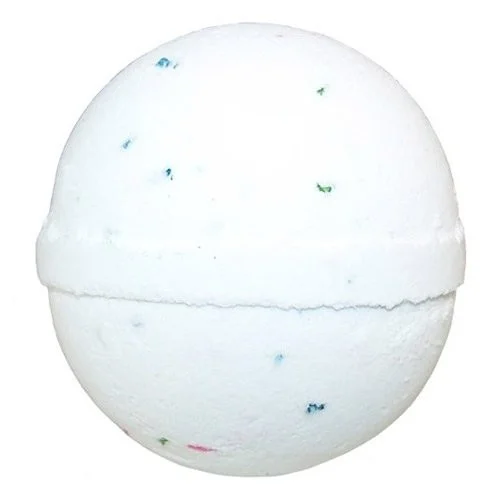 Multi colour bath bomb in white glass jar with vibrant fruitish design