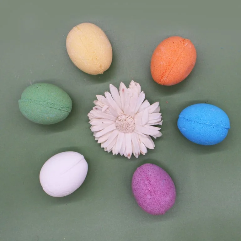Bath eggs coconut displayed in a clear glass tray.