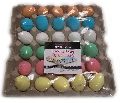 Tray of mixed bath eggs displayed together, suitable for a bath egg gift