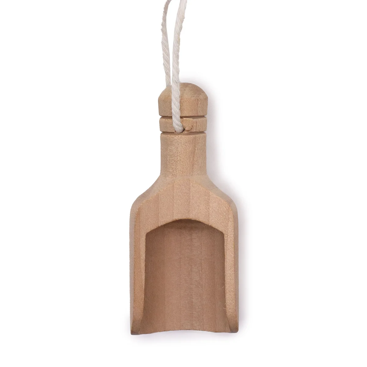 Mini wooden kitchen scoops arranged on a wooden surface, showcasing their compact, rustic design.