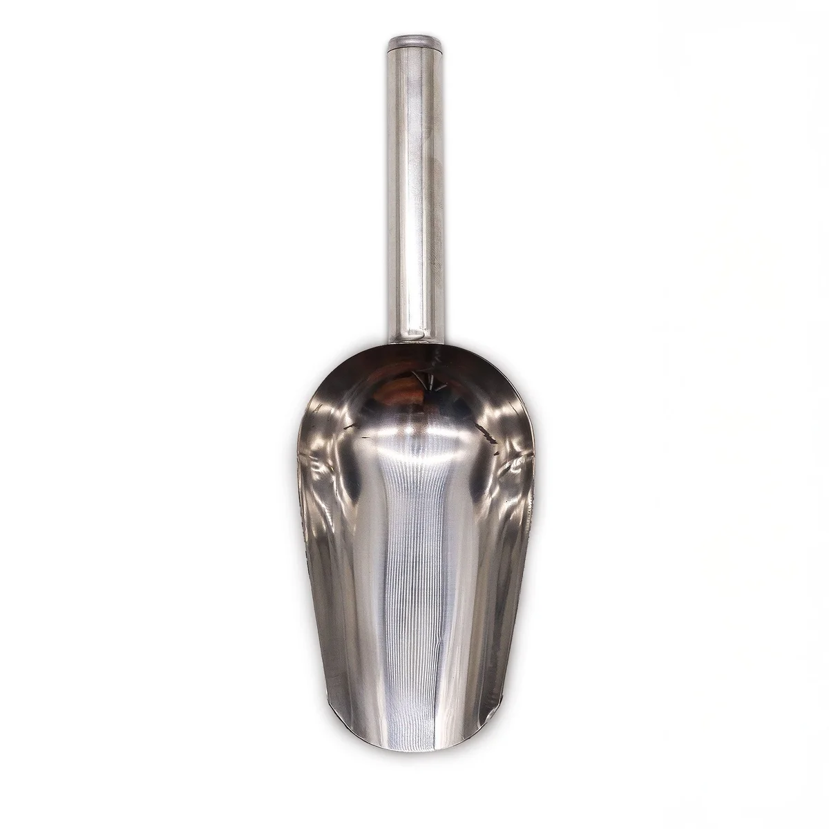 Metal kitchen scoop displayed on a white surface, showing its handle and scoop head.