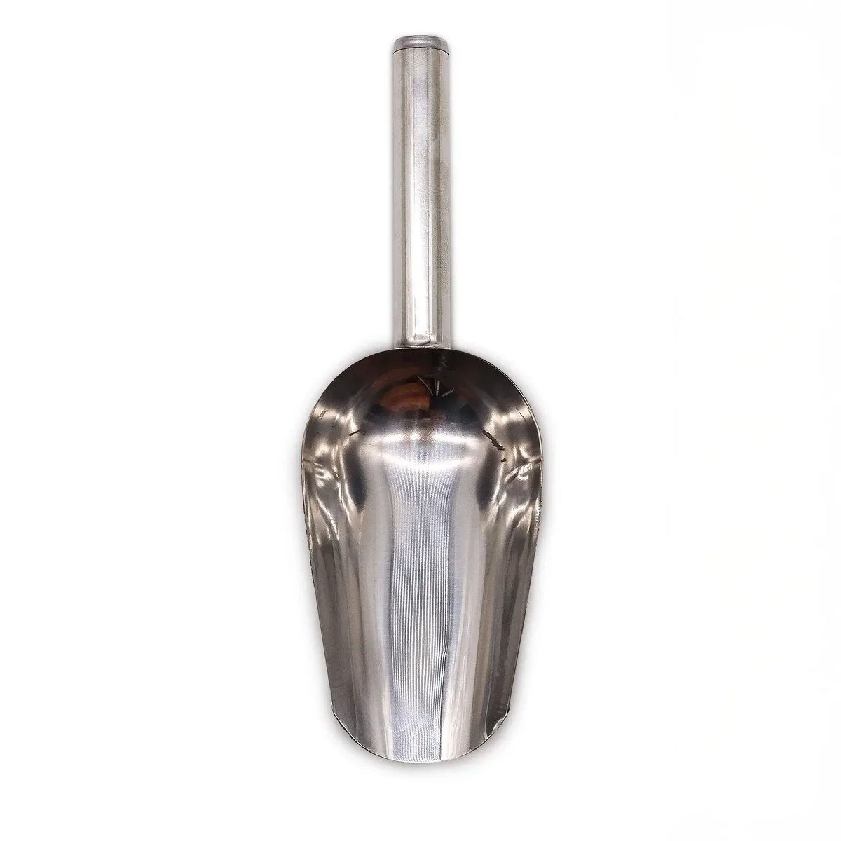 Metal scoop – a metal kitchen utensil with a curved handle and shallow bowl.
