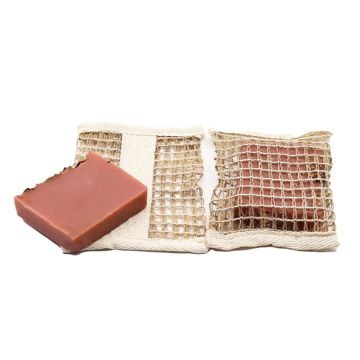 Soft jute natural soap bag with woven texture.