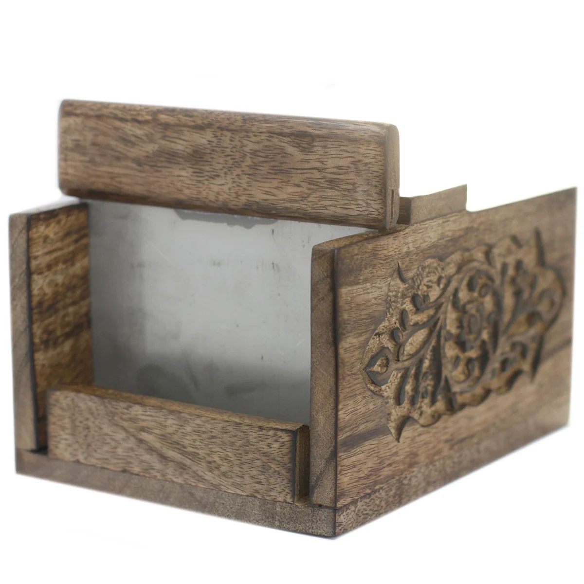 Handcrafted mango wood soap cutter with carved design, shown on a wooden surface, ready to slice soap loaves.