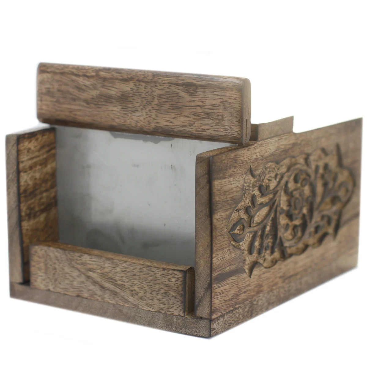 Carved mango wood soap slicer with design, shaped as a soap loaf