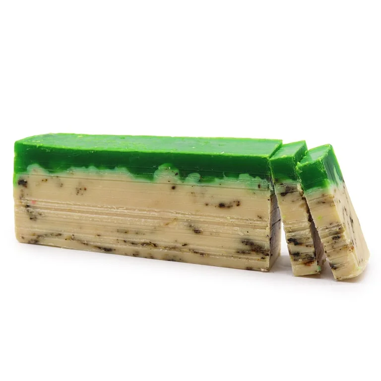 Olive oil green tea soap loaf presented in simple natural packaging