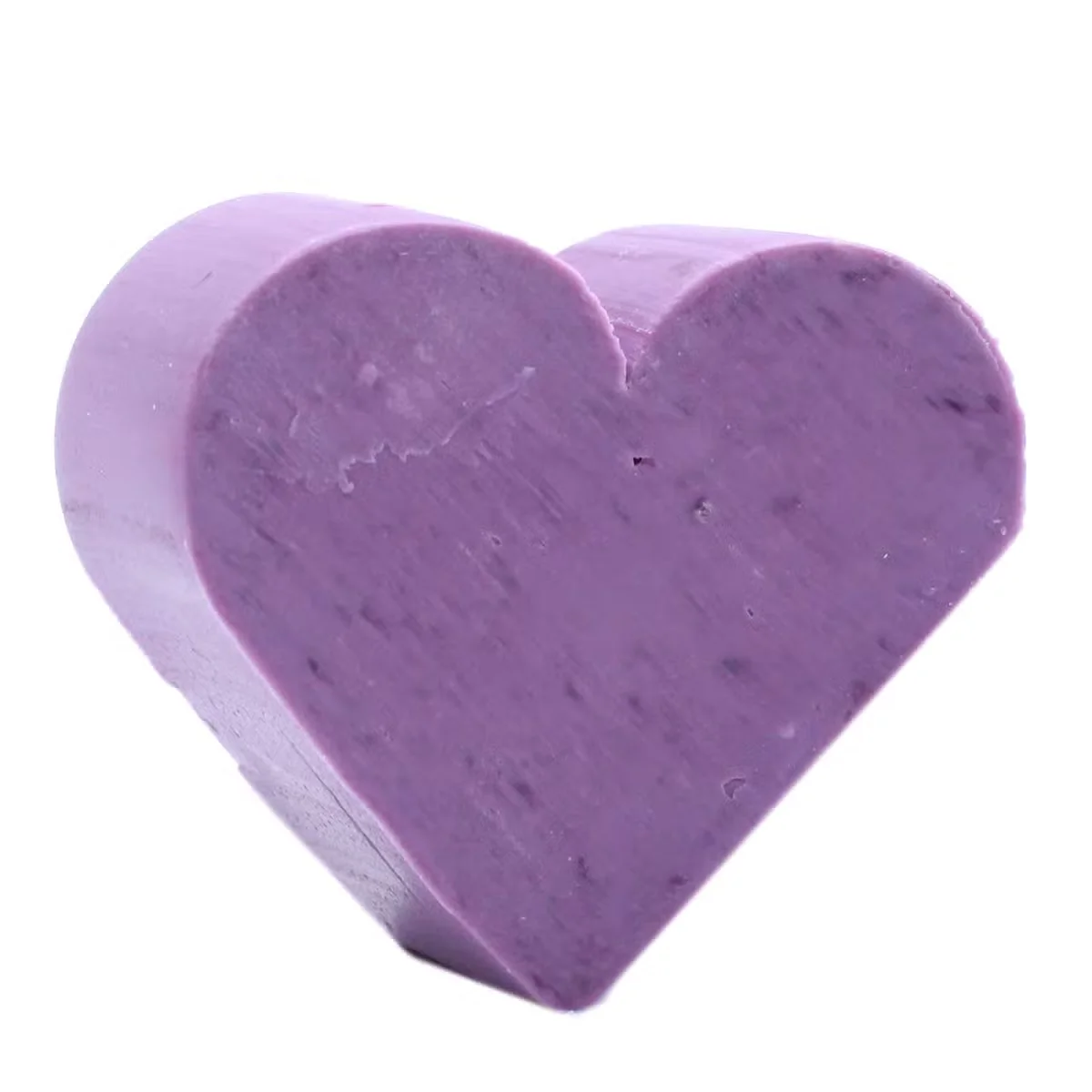 Heart shaped lavender soap bar displayed on a light background