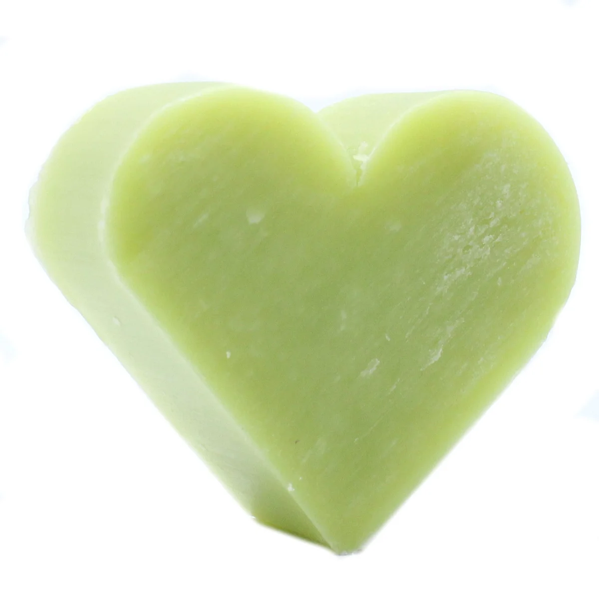 Heart-shaped green tea hand soap displayed on a wooden surface.