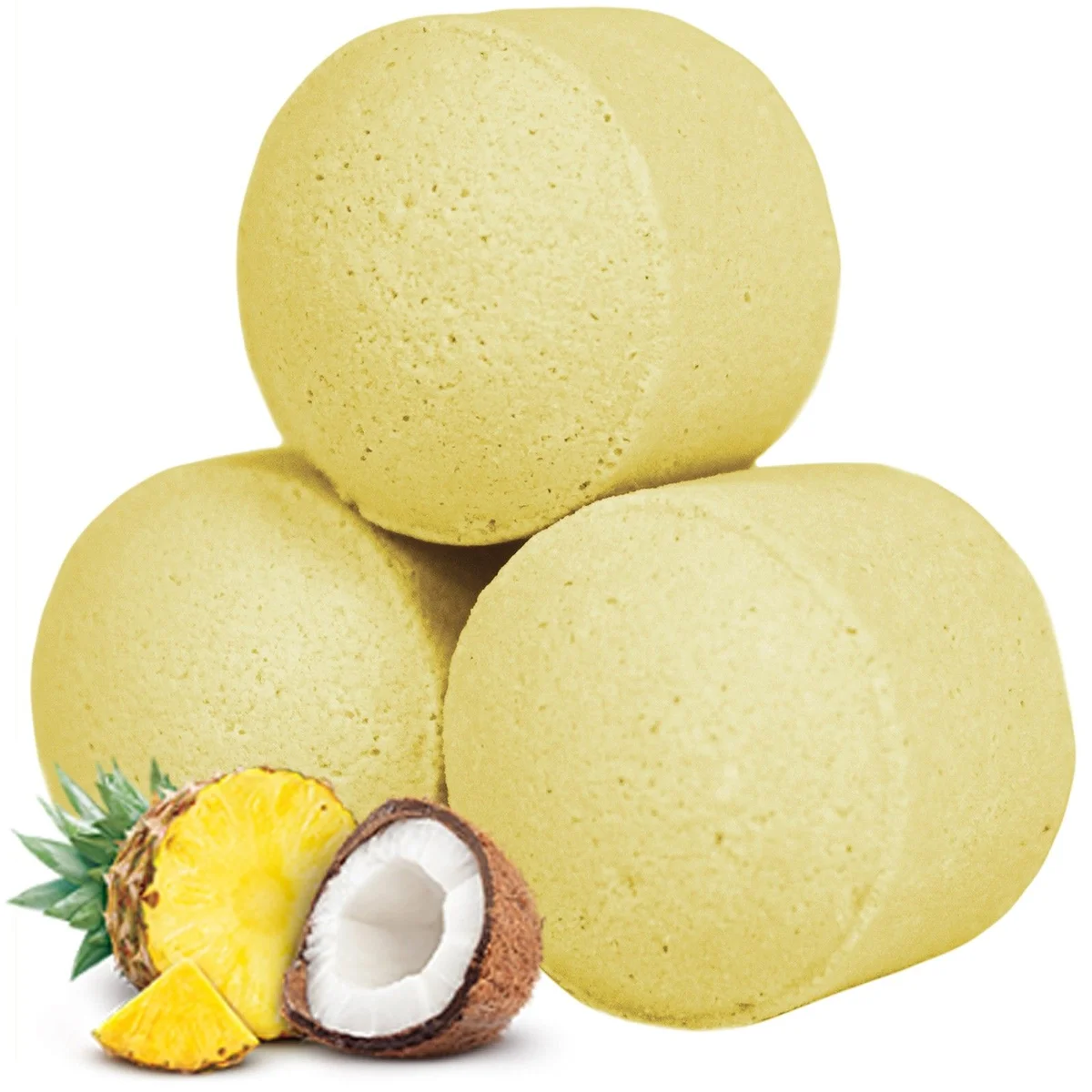 Box of 1.3 kg mini pinacolada bath bombs, each pill in colorful packaging.