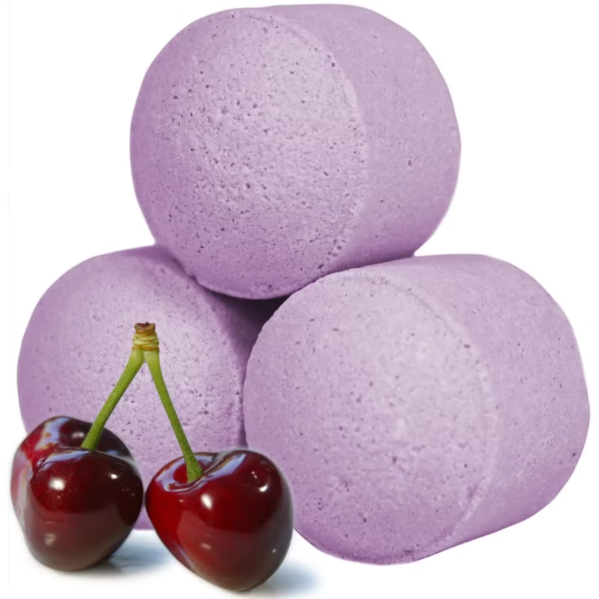 Bulk bath bomb box containing 1.3 kg of black cherry mini bath bombs, neatly packed in a small cardboard box.