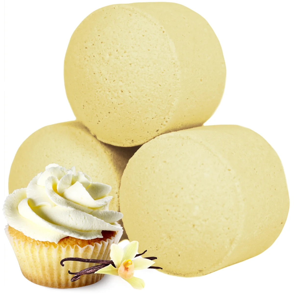 Box of vanilla cupcake scented mini bath bombs in a compact packaging