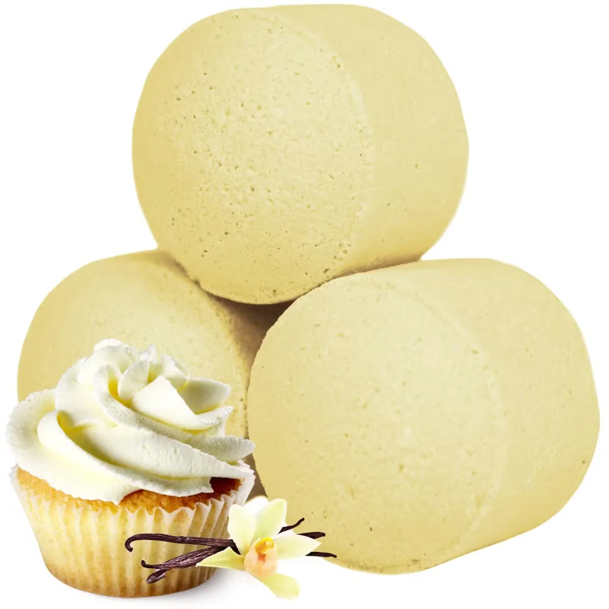 Box of vanilla cup cake bath bombs in a compact 1.3kg pack, ready for use.