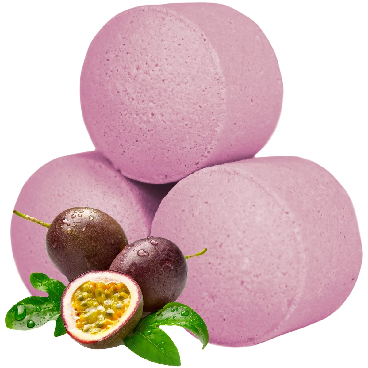 Box of mini passion fruit chill pills bath bombs in clear clamshell.