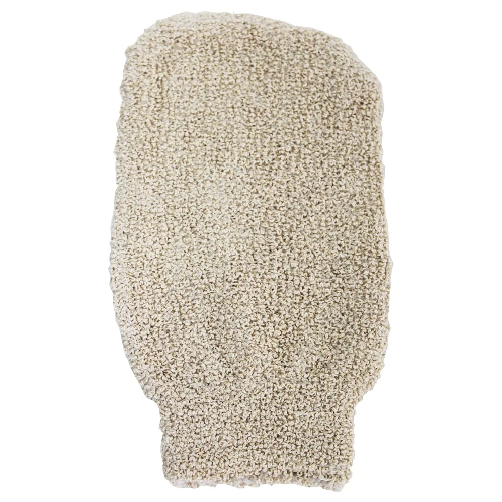 Cream coloured snug kitchen mitt made of jute mix, displayed on a kitchen counter.