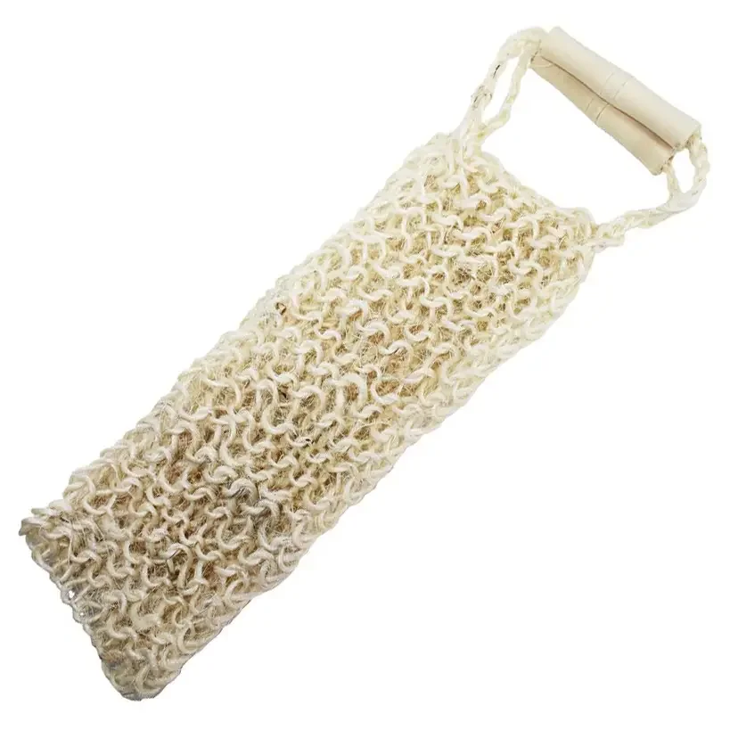Natural back scrubber brush with fat, springy strings, shown on a neutral background.