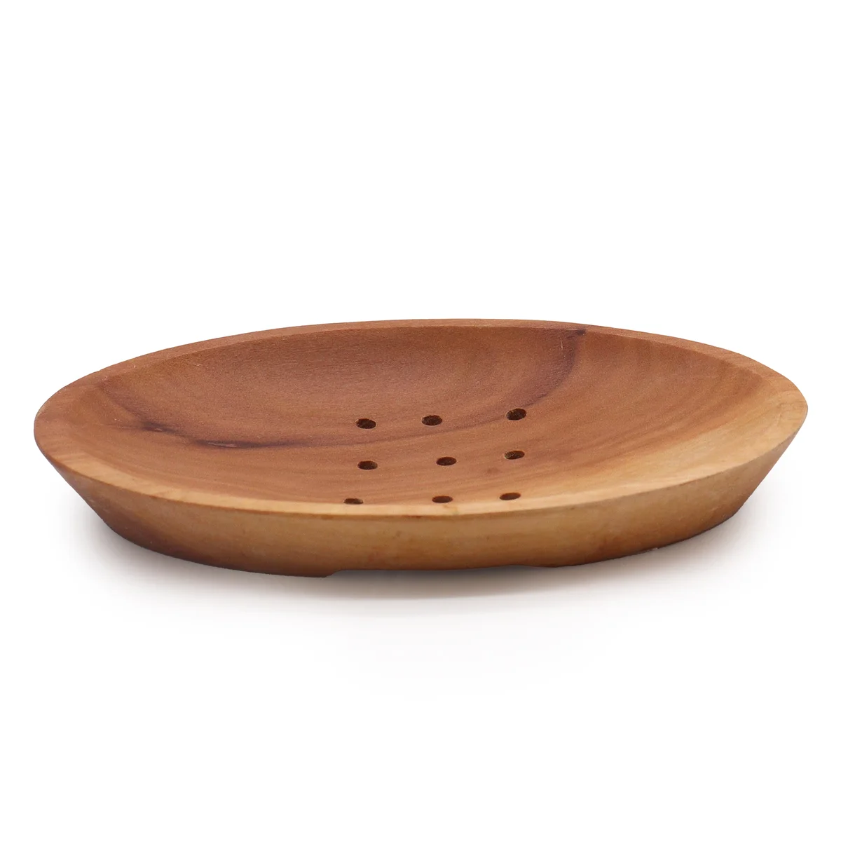 Classic mahogany oval soap dish highlighted on a wooden background.