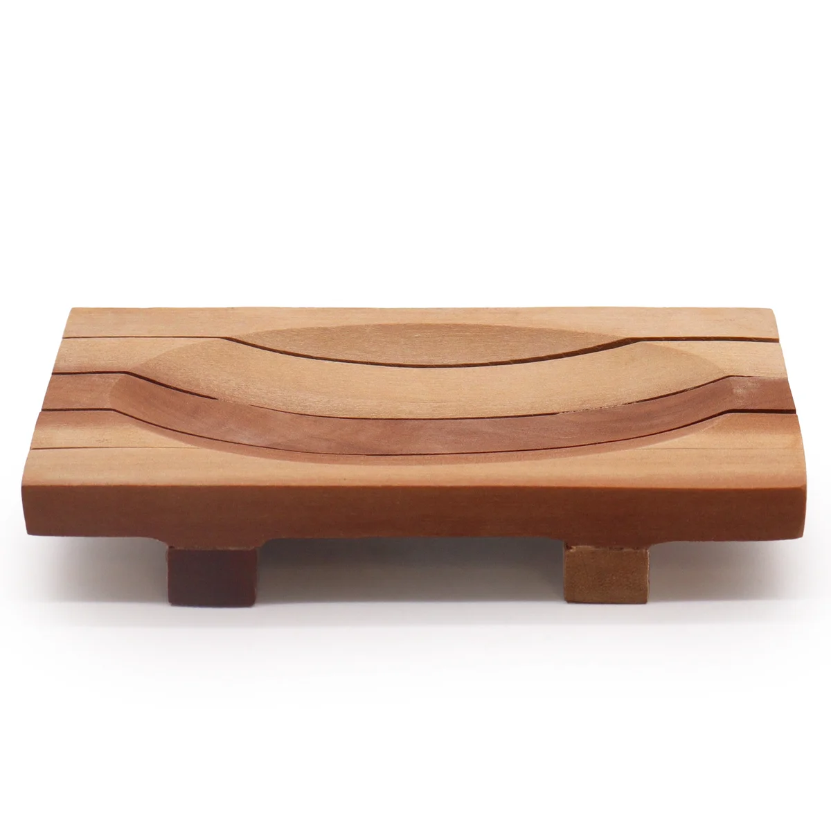 Classic mahogany soap dish with grid drain, natural wood finish, ceramic soap bar resting on it.