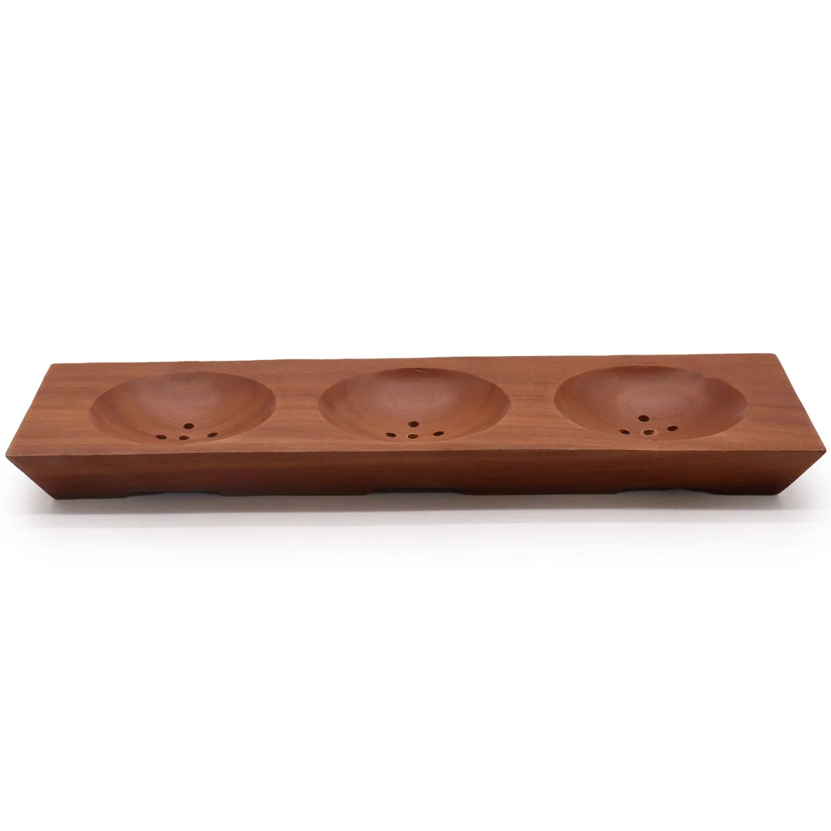 Mahogany soap dish with three open bays, natural wood grain and smooth matte finish.