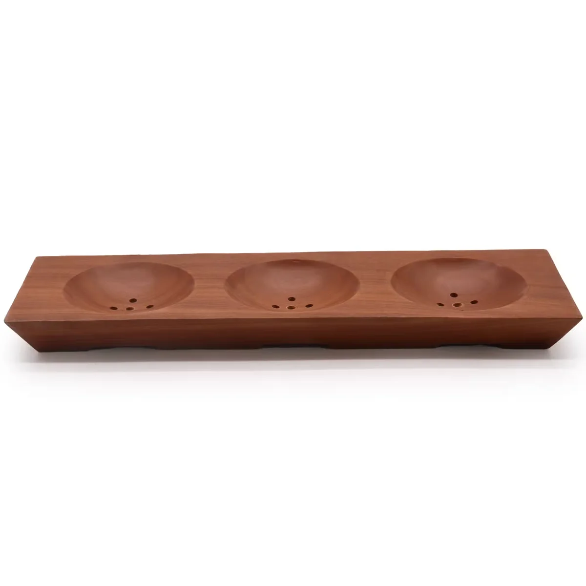 Three bay soap dish in mahogany wood with a smooth finish.