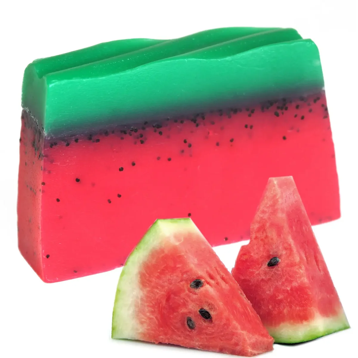 Tropical soap loaf shaped like watermelon, textured reddish‑green rind with moist gel surface.