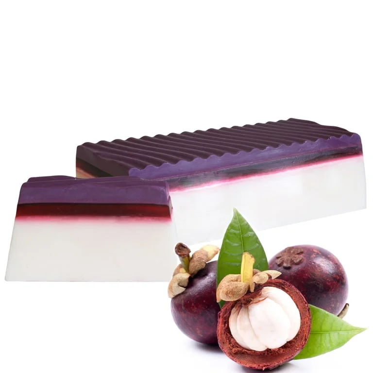 Mangosteen soap loaf with tropical design.
