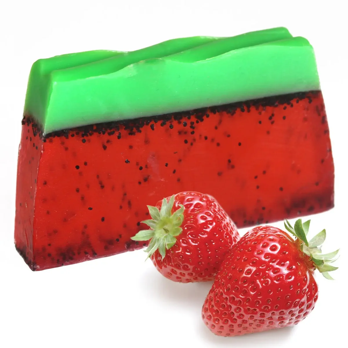 Tropical Paradise Soap loaf – strawberry flavour, bright pink soap loaf on a rustic background.