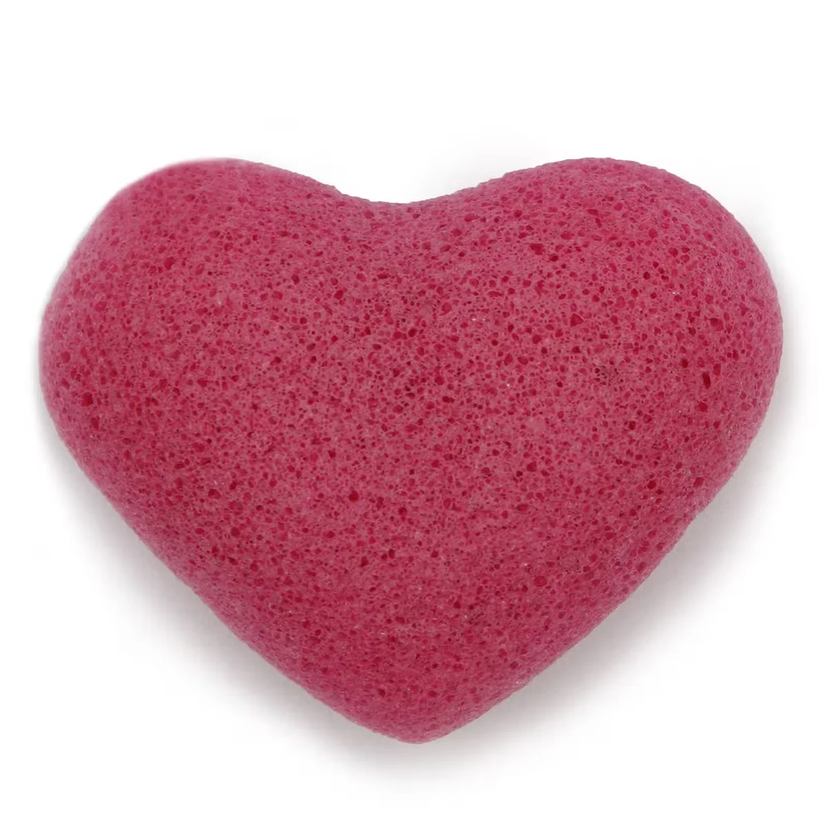 Rose‑coloured konjac facial sponge shaped like a heart, shown on a white background