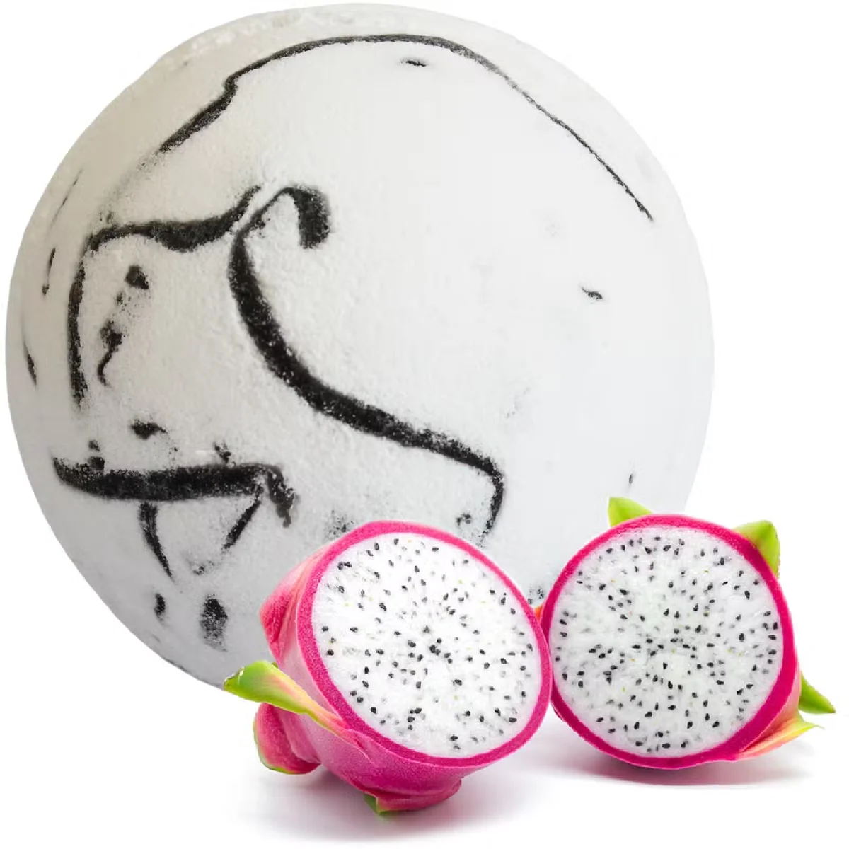 Paradise bath bomb with dragon fruit, coconut shell and vibrant pink and green swirl.