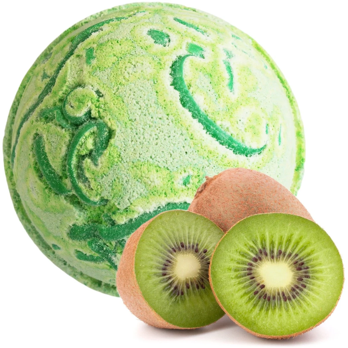 Clear glass bottle with a kiwi fruit bath bomb from Tropical Paradise Coco.