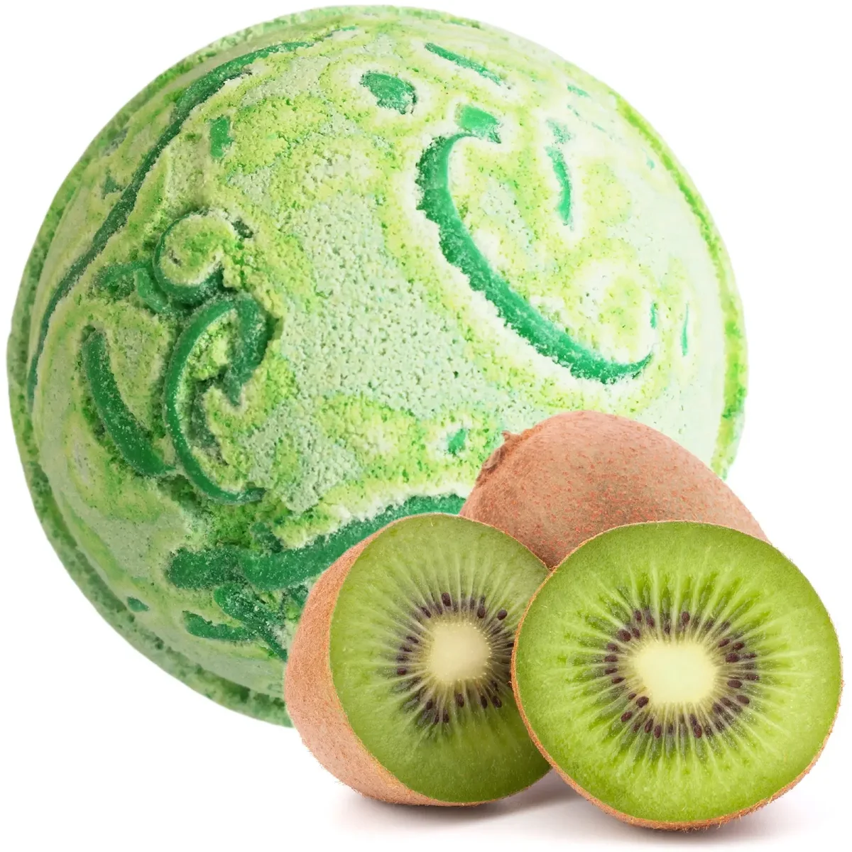 Tropical bath bomb featuring kiwi fruit, coconut texture, shown on a marble sink.