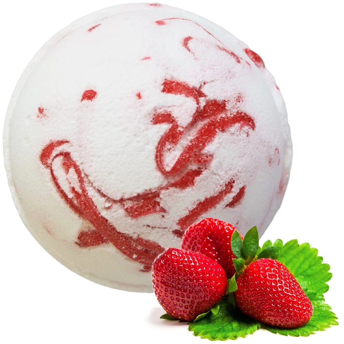 Strawberry bath bomb with tropical coconut design, on a white surface, ready for use
