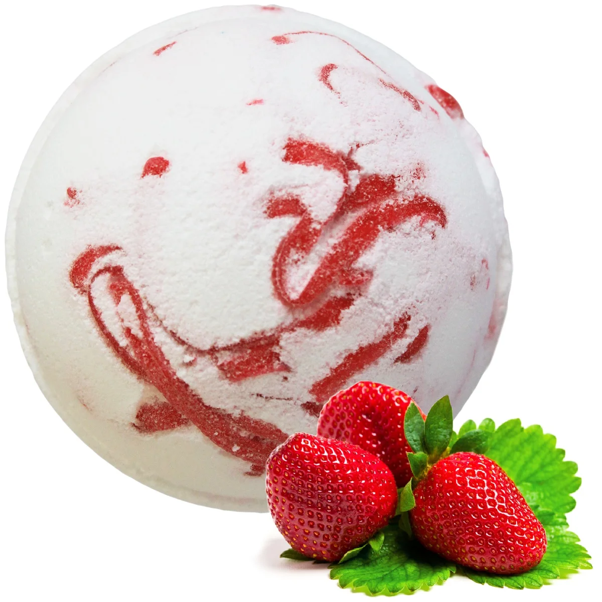 Bright pink tropical bath bomb with coconut and strawberry hues, resting on a wooden surface.
