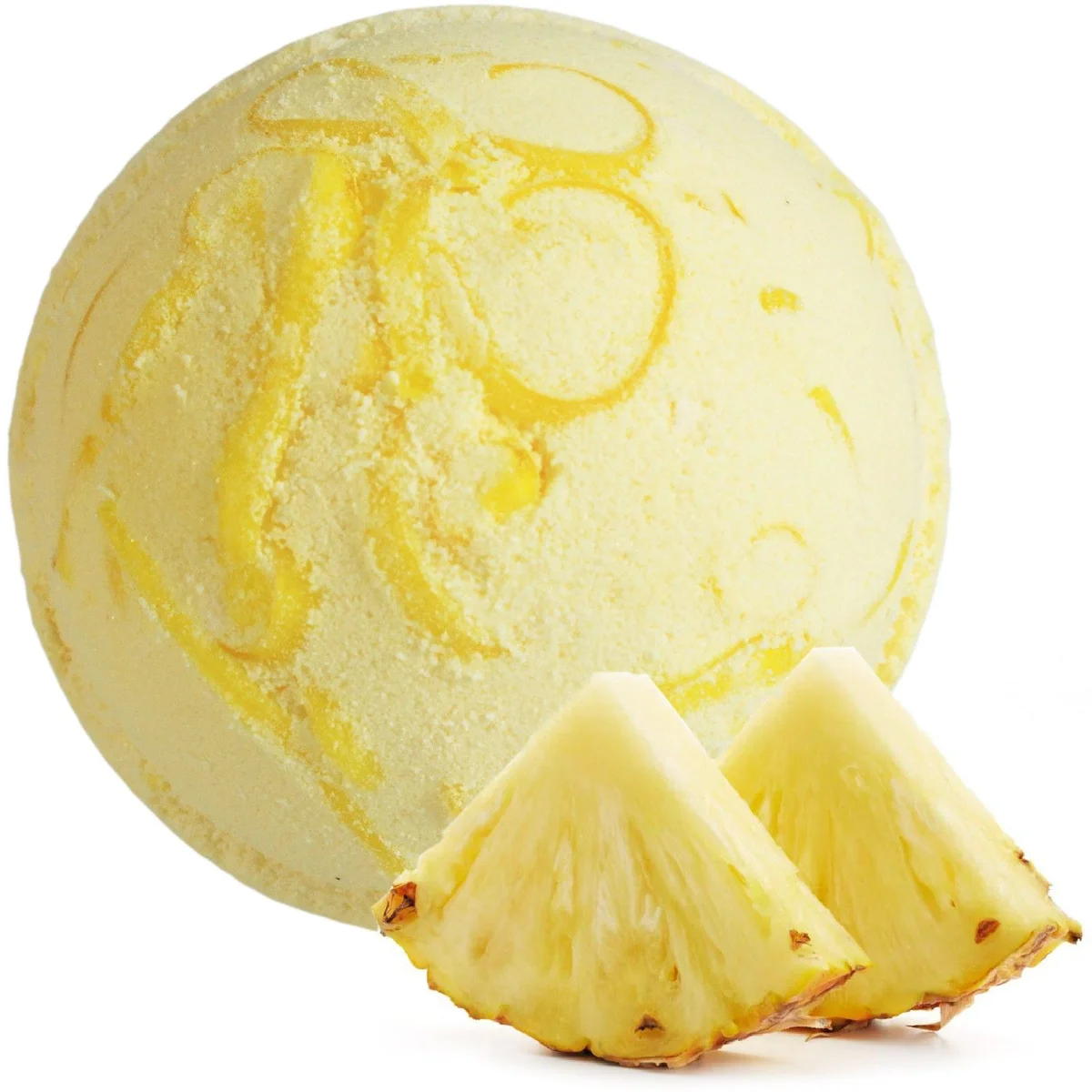 Pineapple bath bomb from Tropical Paradise Coco collection displayed in a tropical setting.