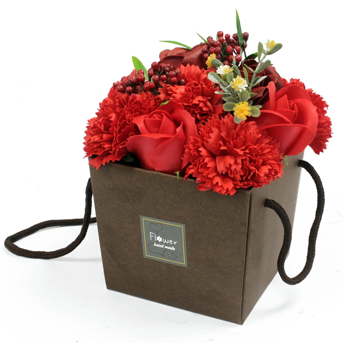 Red rose and carnation soap flower bouquet.