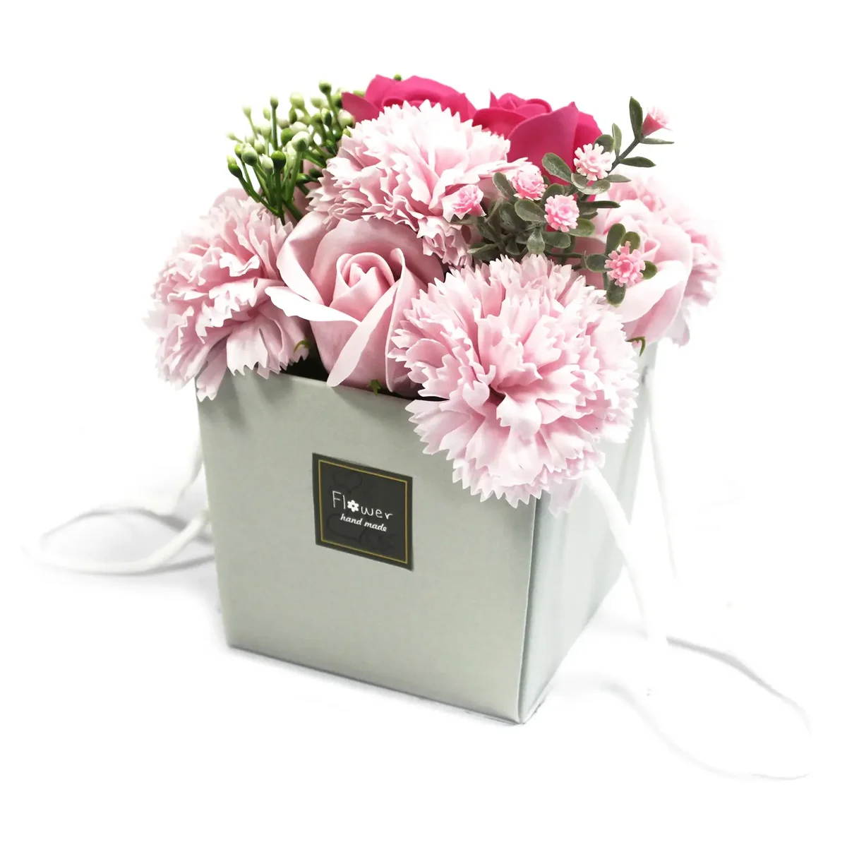 Pink rose soap bouquet with soft pink carnations arranged in a fragrant soap flower bouquet.