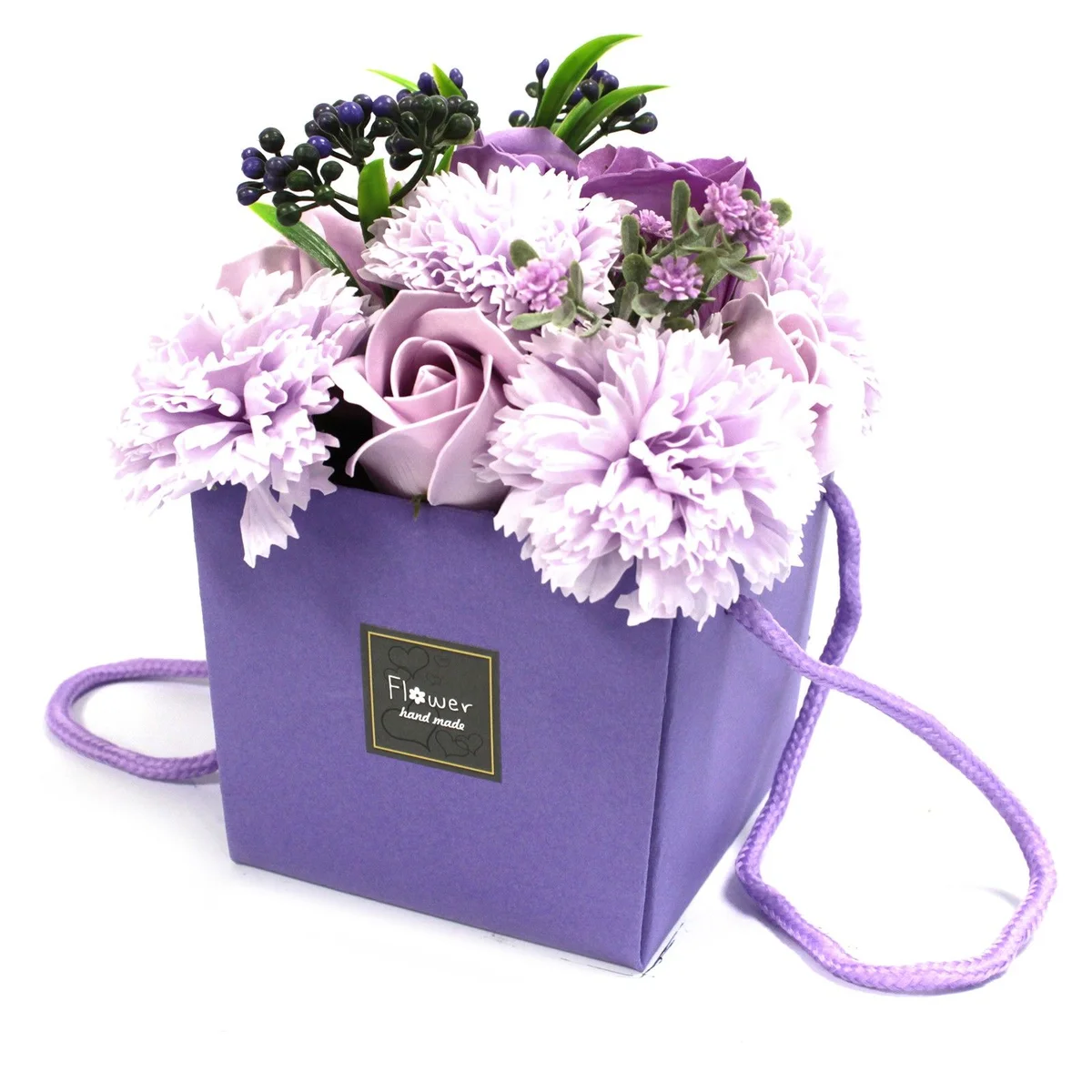 Soap flower bouquet with lavender, rose and carnation‑styled soaps arranged in a bouquet