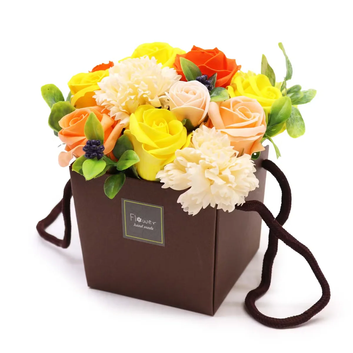 Realistic soap flowers arranged in a spring bouquet, soft pastel petals and green stems.