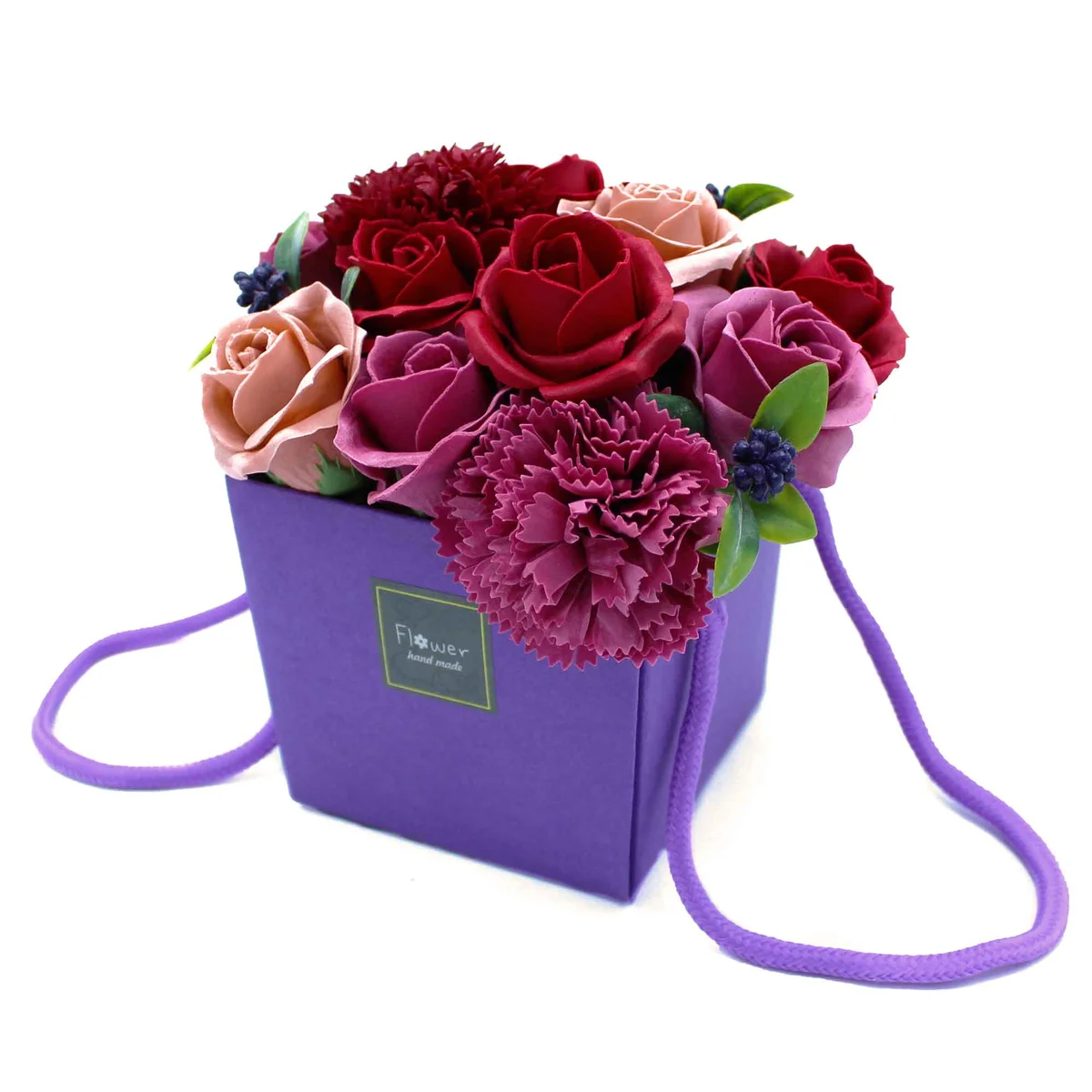 Purple soap flowers arranged as a bouquet, resembling a flower garden soap.