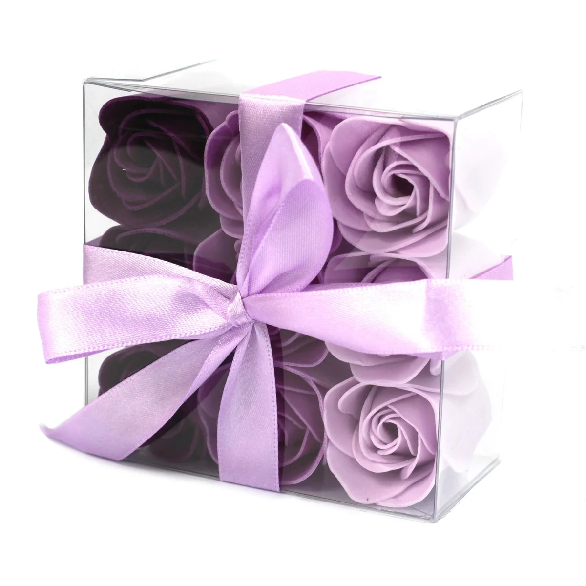 Set of nine lavender rose soap flowers displayed in a decorative arrangement