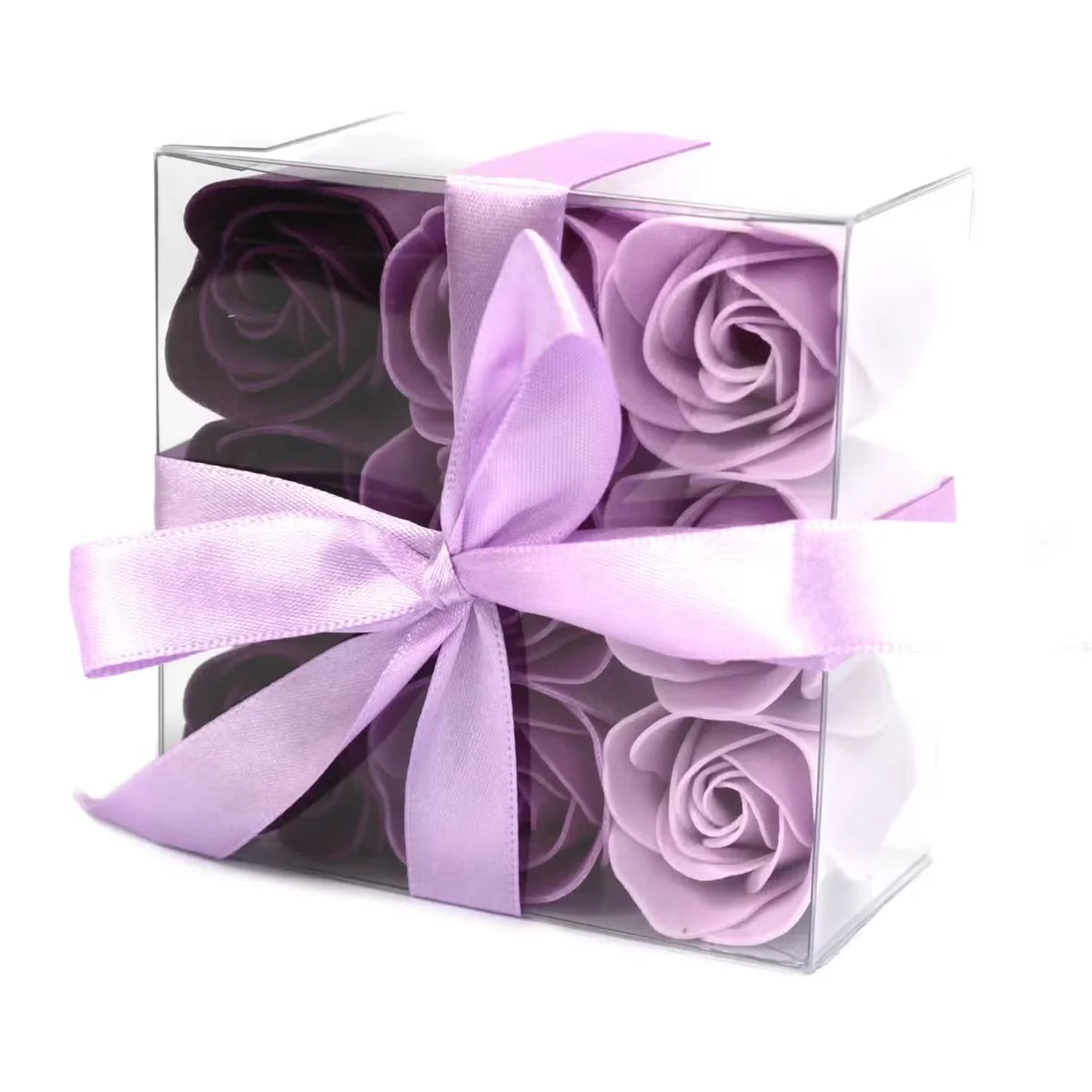 Nine lavender‑rose shaped decorative soap flowers displayed together on a plain background