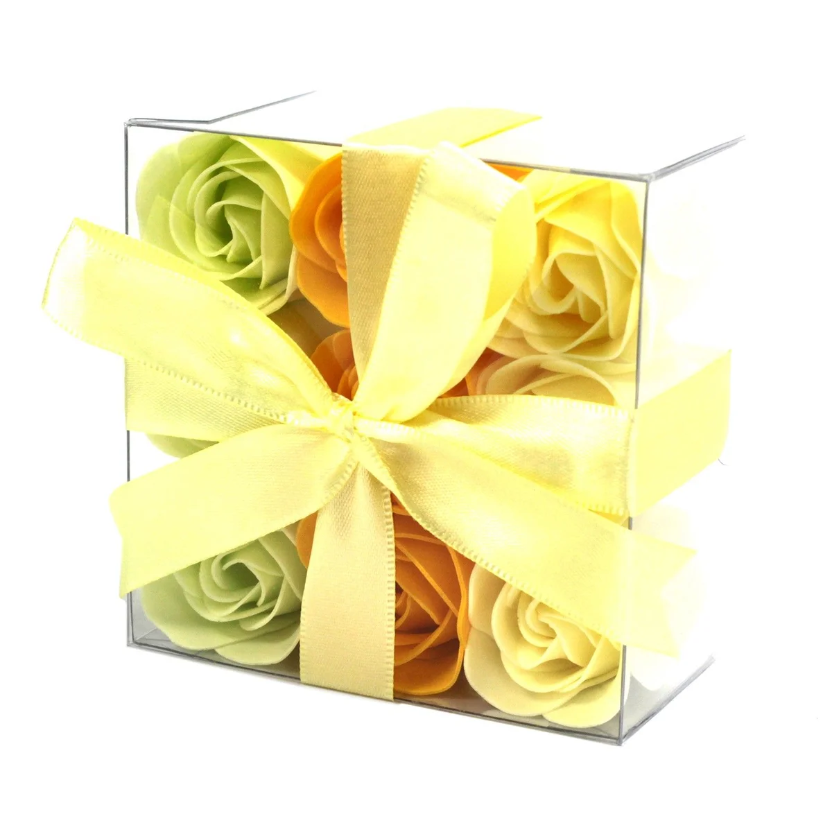 Set of 9 soap flowers shaped like spring roses displayed together in a soap flower set
