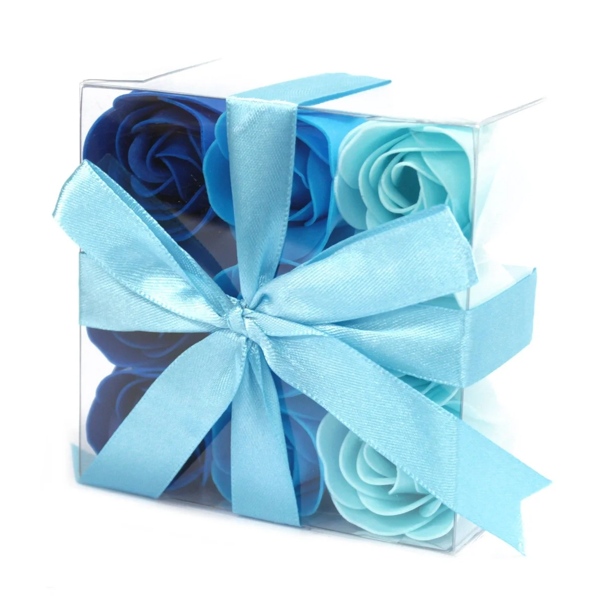 Set of nine blue wedding soap flowers shaped like roses displayed together.