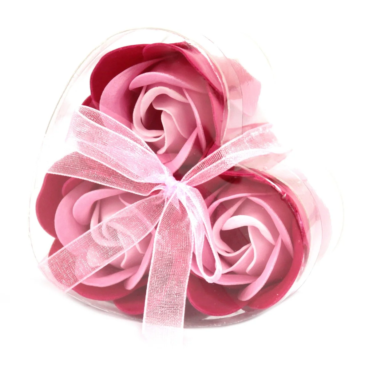 Three pink rose soap flower heart boxes displayed together, each with a delicate floral design.