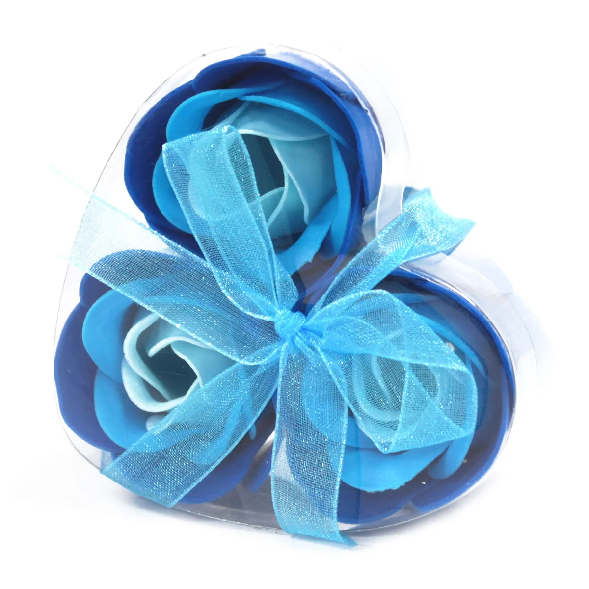 Three blue wedding rose soaps arranged in heart‑shaped flower form, packaged in a boxed set.